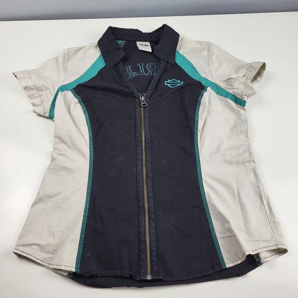 Vintage Harley Davidson Shirt Women Large Black Teal White Zip Embroidered Logo